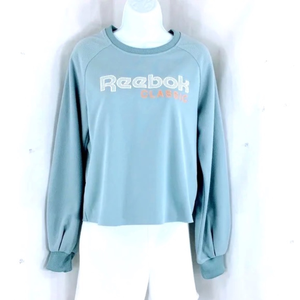 Reebok Womens Sweatshirt Classic Blue Gray Retro D Crew Fleece Raw Hem Sz S